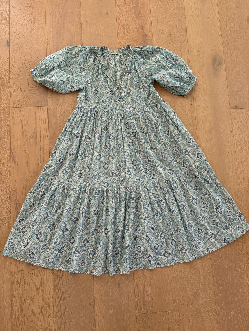 Matta Blue Patterned Midi Dress with Puff Sleeves and Tiered Skirt